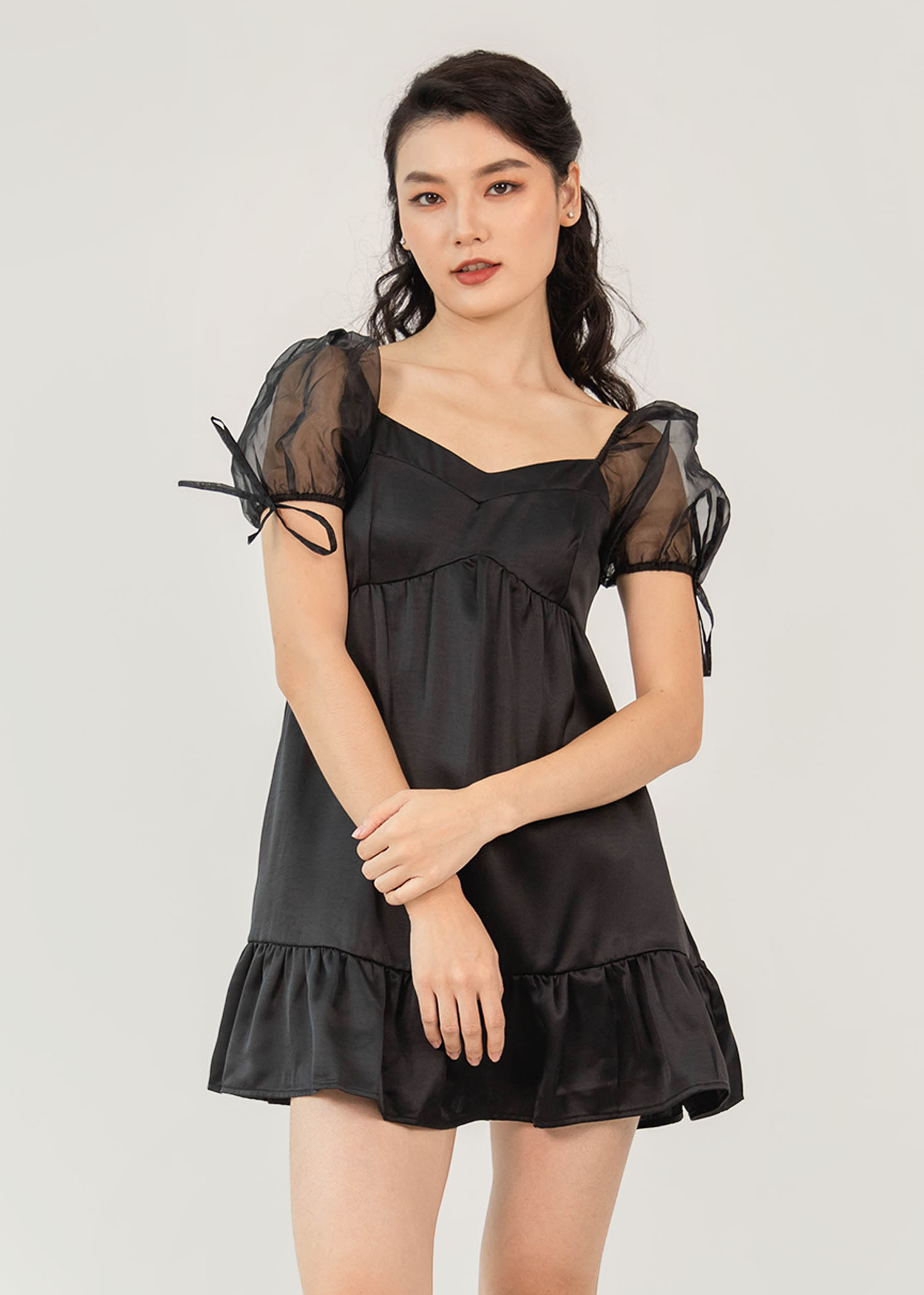 Sweet Escape Mesh Sleeve Babydoll Dress in Black | 6STYLE